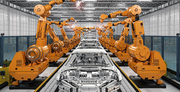 Robot assembly line in car factory.