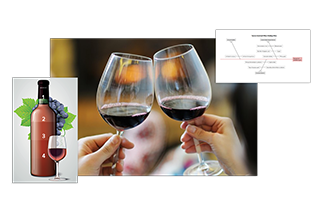 Two hands clinking together wine glasses with red wine with a manufacturing process map and a quality control chart.
